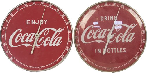 Lot of 2 - Round Coca Cola Dial Type Tin Thermometer: Lot of 2 - Round Coca Cola Dial Type Tin Thermometer Advertisement Signs c1960's, Made In USA.: 1 - "Drink Coca Cola In Bottles" w/ bubble glass & 1 - "Enjoy Coca Cola" (no glass) - each 12"d