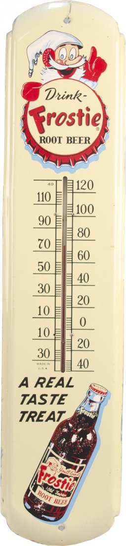 Drink Frostie Root Beer Tin Thermometer Sign: Drink Frostie Root Beer Tin Thermometer Sign, "A Real Taste Treat" featuring bottle, "Made In USA 49" - 8" x 36"