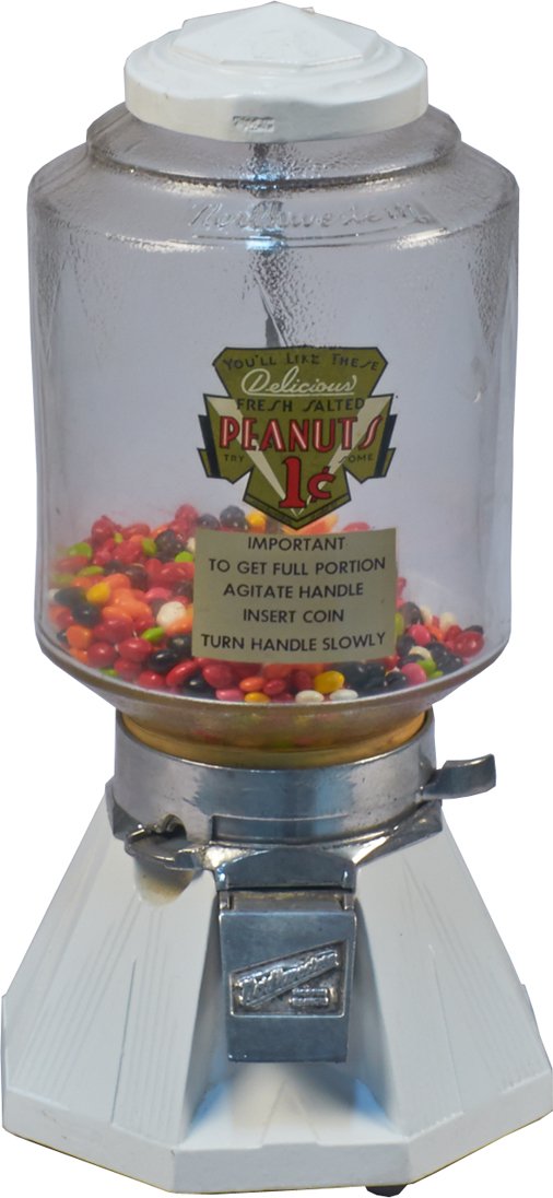 1 Cent Northwestern 33 White Porcelain Base Peanut Bulk: 1 Cent Northwestern 33 White Porcelain Base Peanut Bulk Vending Machine c1933, by Northwestern Corp. w/ "Northwestern" embossed on globe & a modernistic design stippled in glass giving the frosted eff