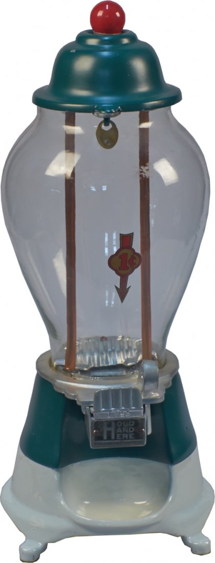 1 Cent "REX" Porcelain Base, Electric Bulk Vending Mach: 1 Cent "REX" Porcelain Base, Electric Bulk Vending Machine, by Hance MFG. Co., this machine is part of Hance's "White Base Line" w/ exposed red light bulb on top