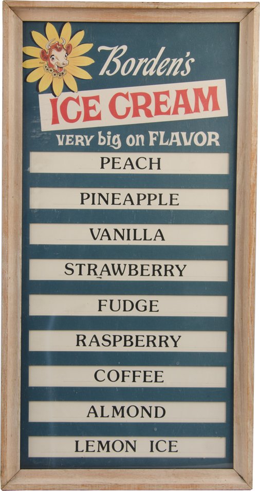 Borden's Ice Cream Menu Sign In Frame: Borden's Ice Cream Menu Sign In Frame, "Very Big On Flavor", Cardboard w/ removable flavors "Peach, Pineapple", etc. featuring Elsie the cow - 13.5" x 26"