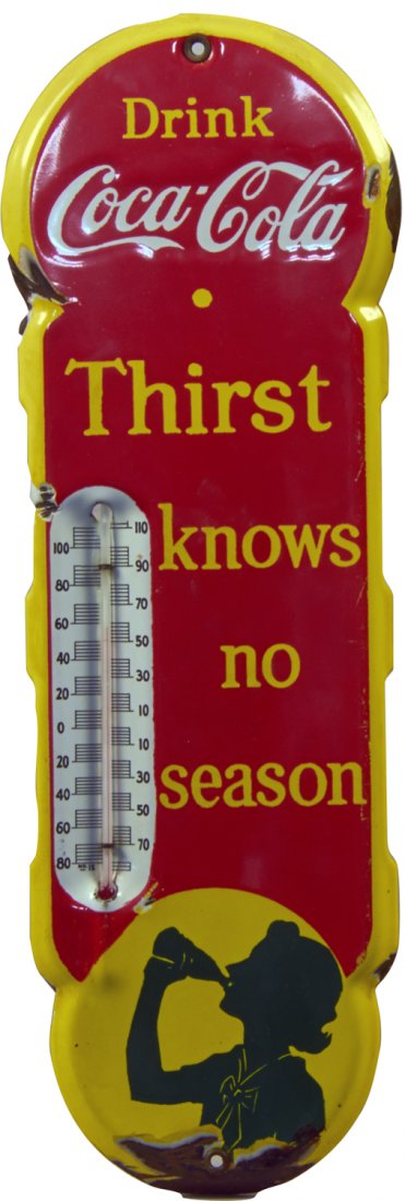 "Drink Coca Cola Thirst Knows No Season" Canadian w/ Si: "Drink Coca Cola Thirst Knows No Season" Canadian w/ Silhouette Girl, Porcelain Advertisement Thermometer Sign c1942, red w/ yellow background, original - 6" x 18"h