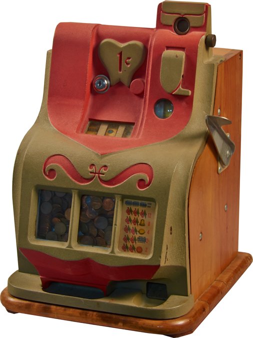 1 Cent Mills Novelty QT "Sweetheart" Slot Machine: 1 Cent Mills Novelty QT "Sweetheart" 3-Reel Miniature Bell Slot Machine w/ Jackpot c1941, Original paint w/ keys