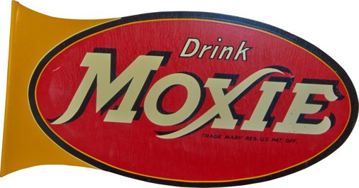 "Drink Moxie" Double Sided Flange Tin Advertisement Sig: Drink Moxie" Double Sided Flange Tin Advertisement Sign - 18" x 9