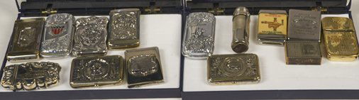 Lot of 14 Misc. Match Safes: Lot of 14 Misc. Match Safes, Some silver plated, Some advertising, Including Thomas Jefferson, American Injector Co., Erickson Bros. Clothiers & Hatters, etc.