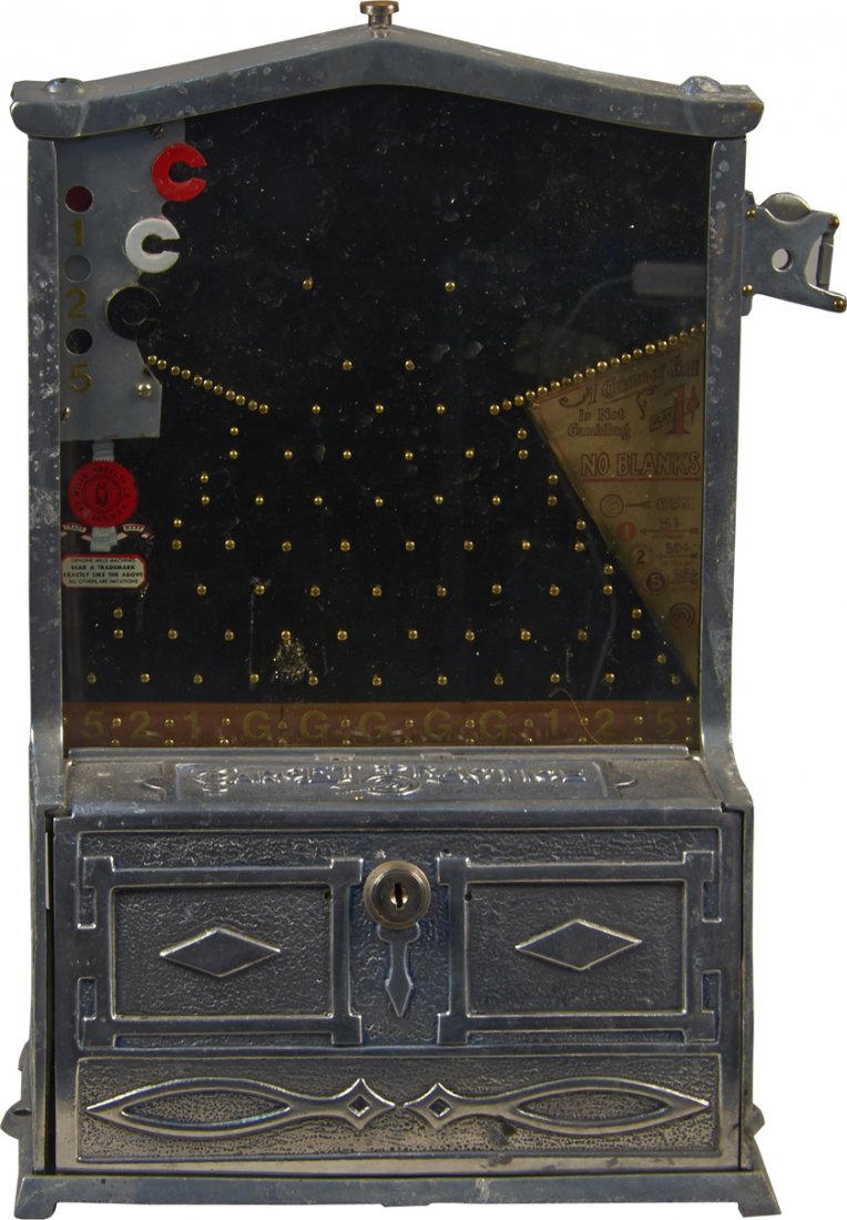 1 Cent Target Practice Drop-Coin Pin Field Trade Stimul: 1 Cent Target Practice Drop-Coin Pin Field Trade Stimulator c1926, by Mills Novelty, in original condition w/ key