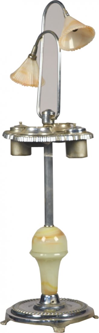 Ornate Art Deco Smoking Stand w/ Lighter: Ornate Art Deco Smoking Stand w/ Electrolite Canada Patented 1954 Lighter & 8"d Black Round Glass Ashtray, Featuring 2 cranes on base stand - 27"h