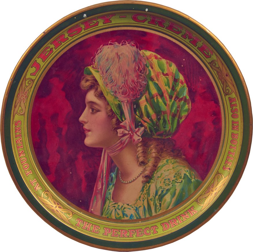 Vintage Jersey-Creme Round Tin Serving Tray: Vintage Jersey-Creme Round Tin Serving Tray "The Perfect Drink - At Fountains - Also In Bottles", by Chas. W. Shonk Co., Litho. Chicago No. F7299, featuring pretty lady - 12"d