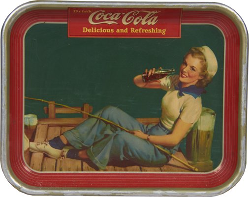 Drink Coca-Cola Sailor Girl Tin Serving Tray: Drink Coca-Cola Sailor Girl Tin Serving Tray, Featuring sailor girl fishing on a dock, "Delicious and Refreshing", Copyright The Coca-Cola Co. 1940, The American Art Works, Inc. Coshocton, Ohio - 13" 