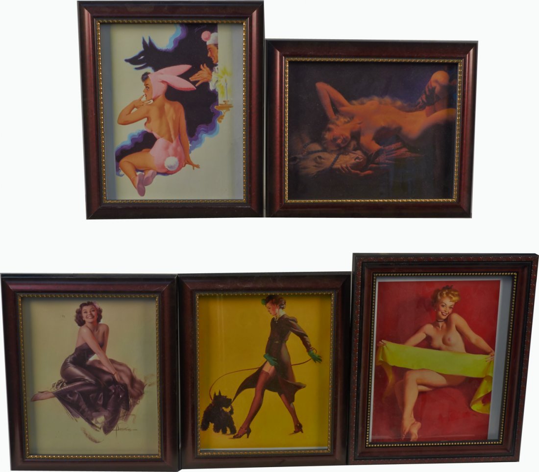Lot Of 5 Pin-Up Girl Pictures In Frames:: Lot Of 5 Pin-Up Girl Pictures In Frames: 1 - Bill Randall bunny girl, "Bunny Fun" - 10" x 12", 1 - Gil Elvgren "Girl Walking Her Scotty" - 10" x 12", 1 - Zoe Mozert nude w/ horse - 10" x 12", 1 - Rolf