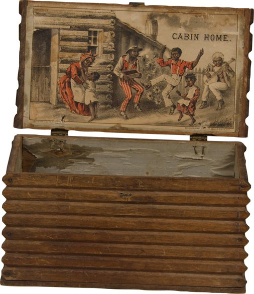 "Cabin Home" Black Americana Log Cabin Cigar Box: "Cabin Home" Black Americana Log Cabin Cigar Box w/ latch, Trademark by Frey Bros., Interior lid has litho. paper label by Neuman & Publishers featuring family smoking & dancing in front of a cabin, "