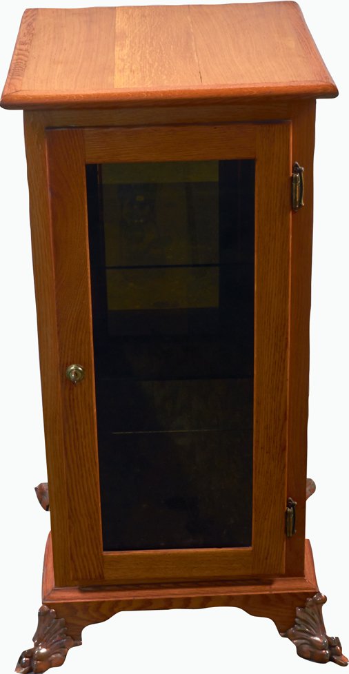 Oak & Brass Light Up Display Case Slot Machine Stand: Oak & Brass Light Up Display Case Slot Machine Stand, Mirrored back w/ glass shelf & claw feet w/ key - 17" x 17" x 35"h
