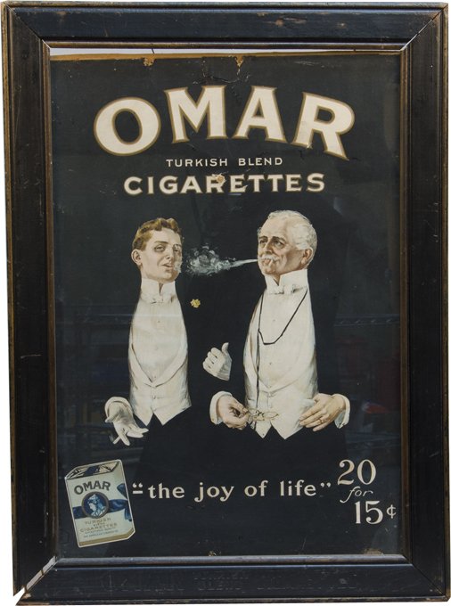 Omar Turkish Blend Cigarettes Advertisement: Omar Turkish Blend Cigarettes Advertisement In Matching Omar Cigarettes Frame, Featuring 2 gentlemen smoking, "The Joy of Life, 20 for 15 Cents" - 18" x 25"