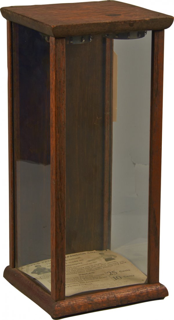 Early Gipe's Link Key Chains Store Countertop Display: Early Gipe's Link Key Chains Store Countertop Wood & Glass Display Case, Glass on 3 sides w/ wood door in back & hangers for keychains inside, w/ "Gipe's Patent Expansion Chains - The Only Practical K