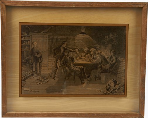 Frederic Remington Lucid Lines Photography On Glass: Frederic Remington Lucid Lines Photography On Glass In Wooden Frame, Reverse glass etching w/ hand-painted border - 21" x 17"