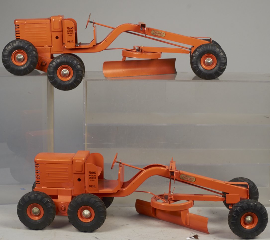 Lot of 2 - Vintage Doepke "Model Toys" Pressed-Steel Ad: Lot of 2 - Vintage Doepke "Model Toys" Pressed-Steel Adams Diesel Road Graders, orange w/ "Adams Motor Grader No. 512 - Diesel" decals - each 26"l