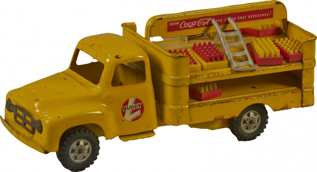 Vintage Buddy 'L' Pressed-Steel, Yellow Coca Cola Deliv: Vintage Buddy 'L' Pressed-Steel, Yellow Coca Cola Delivery Truck c1950's w/ plastic bottles & hand-carts - approx. 15"l
