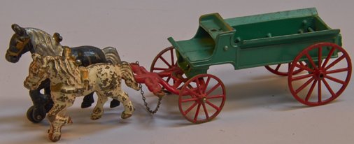 Lot Of 2 - Vintage Kenton Toys Cast-Iron "Sand And Grav: Lot Of 2 - Vintage Kenton Toys Cast-Iron "Sand And Gravel" Dump Wagons: 1 - w/ 2-horse team, both sets look to have paint touch-up - each 15"l