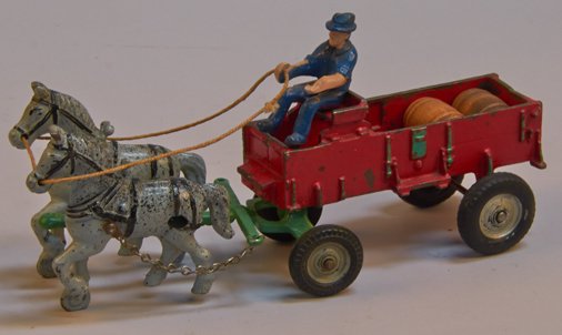Lot Of 2 - Vintage Arcade Cast-Iron Farm Wagons w/ 2-Ho: Lot Of 2 - Vintage Arcade Cast-Iron Farm Wagons w/ 2-Horse Team & Drivers w/ rubber tires, both look to have paint touch-up - each 11"l