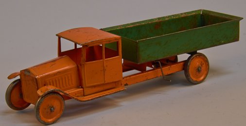 Early Stealcraft Pressed-Steel "Little Jim" Mack Dump T: Early Stealcraft Pressed-Steel "Little Jim" Mack Dump Truck c1928, orange & green w/ "White" decal in front, this toy was originally sold at J.C. Penny stores - 24"l