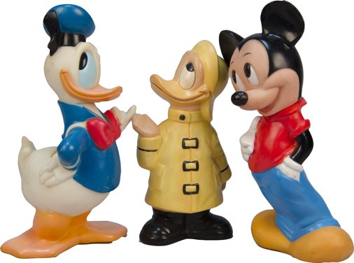 Lot Of 3 Disney Character Banks/Figures:: Lot Of 3 Disney Character Banks/Figures: 1 - Mickey Mouse Figural Rubber Bank - 12"h, 1 - Donald Duck Figural Rubber Bank - 12"h & 1 - Donald Duck In Raincoat Figural Painted Ceramic Statue - 10"h