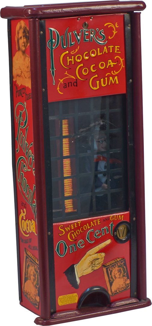1 Cent Pulver Chocolate And Chicle Vending Machine c190: 1 Cent Pulver Chocolate And Chicle Vending Machine tin lithograph c1909, by Pulver Chocolate & Chicle MFG. Co., w/ "Foxy Grandpa" a.k.a. "The Professor" character, very rare machine w/ key, restored