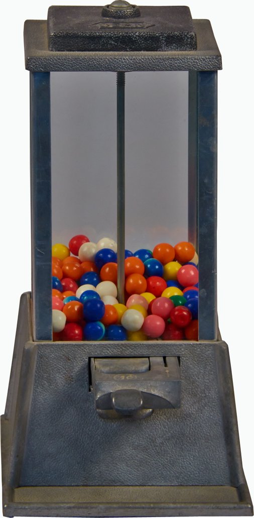 1 Cent Dean Countertop Gumball Vending Machine: 1 Cent Dean Countertop Gumball Vending Machine c1972 w/ "1 Cent" decal, Aluminum vendor w/ jiggle-slide type mech., Davis Sales Co., "Dean" embossed on lid