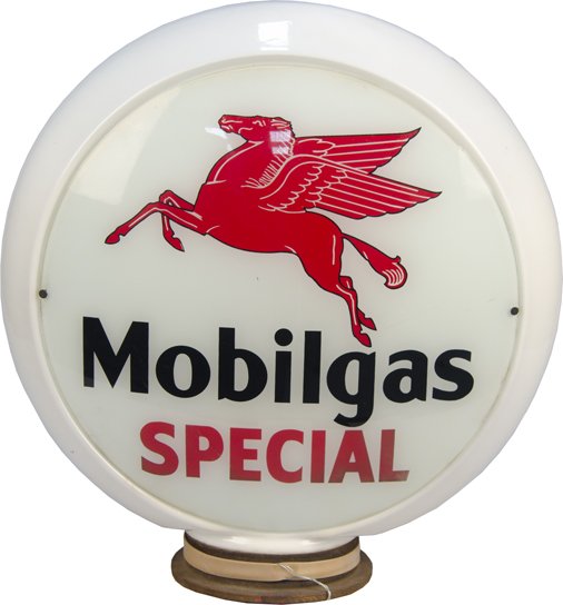 Original Mobilgas Special Milk Glass Gas Pump Globe: Original Mobilgas Special Milk Glass Gas Pump Globe w/ Metal Base featuring red pegasus, Double-sided - 17"h