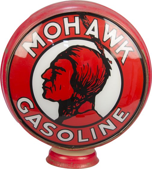 Mohawk Gasoline & Texaco Fire Chief Metal Body Globe: Mohawk Gasoline & Texaco Fire Chief Metal Body Gas Pump Globe, Red metal surround is original, Glass lenses are reproduction, Featuring Indian chief & fireman's hat, Double-sided (2 different sides) -