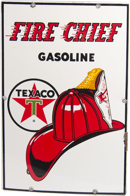 Texaco Fire Chief Gasoline Porcelain Pump Sign: Texaco Fire Chief Gasoline Porcelain Pump Sign featuring fireman's hat , P&M 2/61 - 12" x 18"