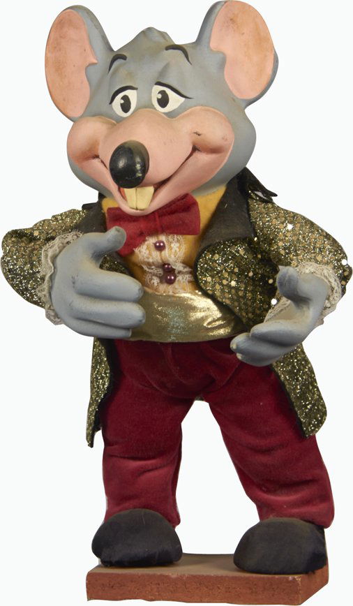 Chuck E. Cheese Painted Mouse Figure On Wood Base: Chuck E. Cheese Painted Mouse Figure On Wood Base, Composite materials w/ clothes - 17"h