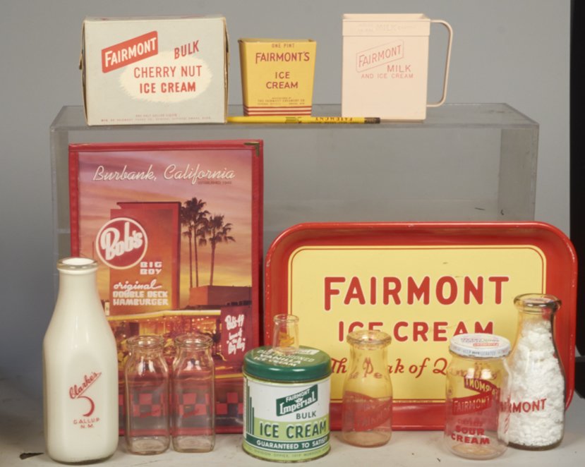 Lot of Fairmont Ice Cream & Misc. Items: Lot of Fairmont Ice Cream & Misc. Items, Including Fairmont Imperial Old Fashioned Vanilla Ice Cream tin container w/ lid, "Support Home Industry - Be 100% For Gallup" Clarke's Gallup, N.M. glass milk