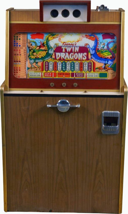 Coin-Op Keeney's Twin Dragons Console Slot Machine: Coin-Op Keeney's Twin Dragons Console Bell Slot Machine c1947, Backglass in good condition, No key