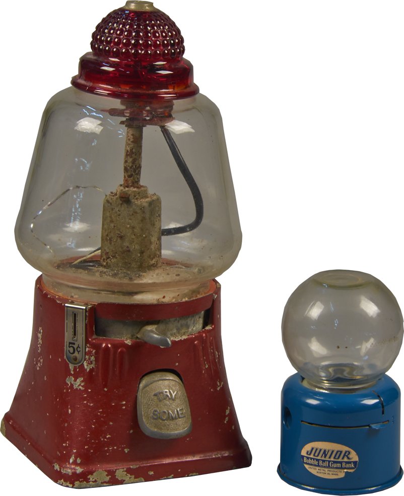 Lot Of 2 Countertop Gumball Machines:: Lot Of 2 Countertop Gumball Machines: 1 - 5 cent red hot nut vending machine w/ cracked globe w/ key & 1 - Blue United Metal Products Inc. "Junior" bubble ball gum bank
