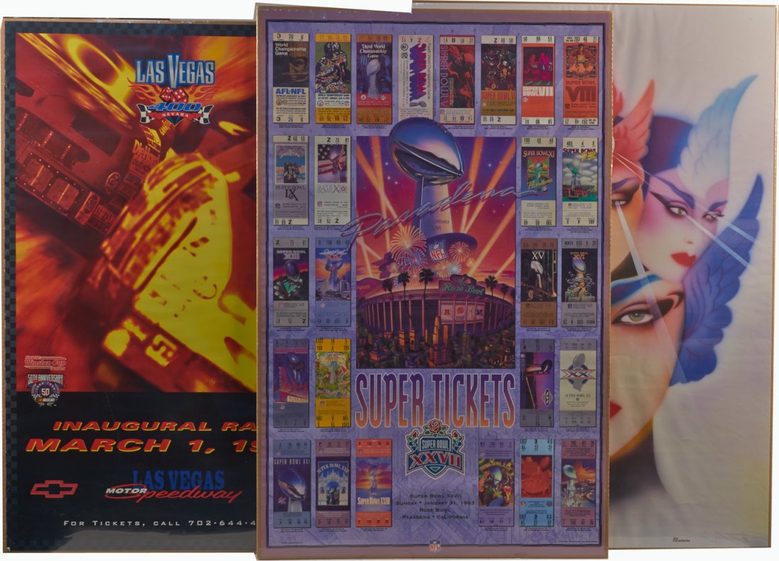 Lot of 3 Posters:: Lot of 3 Posters: 1 - Verkerke No. 6304 "Three Faces Lady" by Pater Sato c1982 Netherlands - 24" x 36", 1 - Nascar Las Vegas Motor Speedway Inaugural Race March 1, 1998 - 22" x 35" & 1 - Super Bowl XX