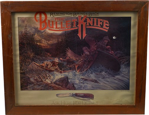 Remington Bullet Knife Advertisement In Frame: Remington Bullet Knife Advertisement In Frame, "Remington Brings Back The Bullet Knife - Ask Here For Details" featuring "Bad Time For A Snag" river scene artwork by L.W. Duke 1982, Some staining near