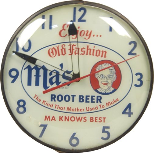 Enjoy Old Fashion Ma's Root Beer Round Light-Up Clock: Enjoy Old Fashion Ma's Root Beer Round Light-Up Advertising Clock by Pam Clock Co Inc., Brooklyn, NY c1940's, "The Kind That Mother Used To Make - Ma Knows Best" - 15"d
