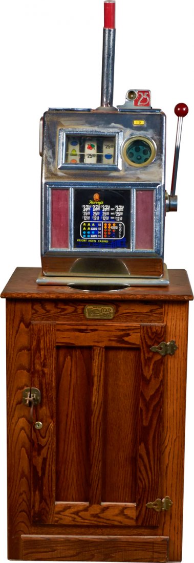 25 Cent Harvey's Resort Hotel Casino Light-Up Slot: 25 Cent Harvey's Resort Hotel Casino Light-Up Open Front Slot Machine On Stand w/ top change light, Wooden White Clad cabinet stand by Simmons Hardware Co. w/ keys