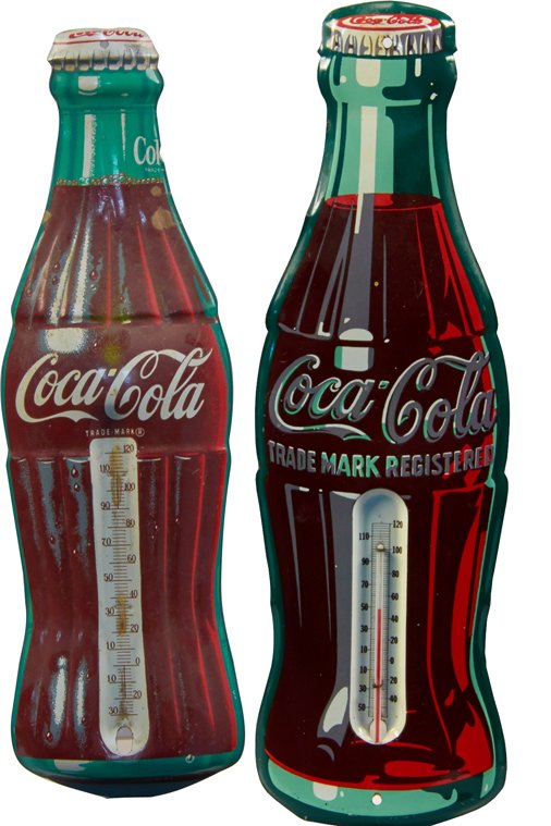 Lot Of 2 - Coca Cola Bottle Shaped Tin Thermometer Adve: Lot Of 2 - Coca Cola Bottle Shaped Tin Thermometer Advertisement Signs: 1 - w/ embossing, Made In USA., Donasco (no thermometer) & 1 - Made In USA., R-11-52 - each approx. 6" x 17"h