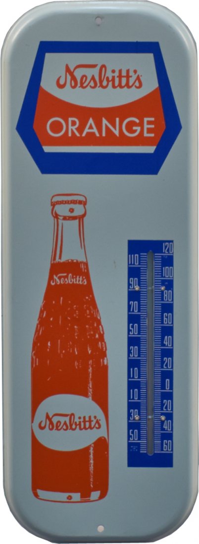 "Nesbitt's Orange" Tin Thermometer Advertisement Sign: "Nesbitt's Orange" Tin Thermometer Advertisement Sign, Made In USA. - approx. 6" x 16"h