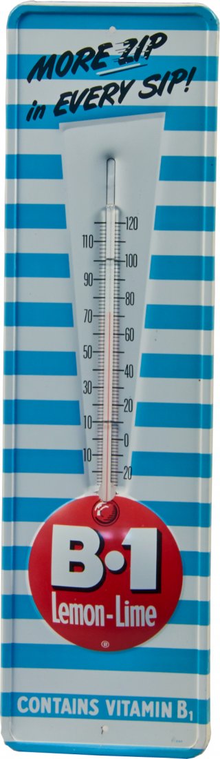 B-1 Lemon-Lime Embossed Self-Framed Tin Thermometer: B-1 Lemon-Lime Embossed Self-Framed Tin Thermometer Advertisement Sign "MORE ZIP in EVERY SIP!", T-200 - approx. 5" x 16"h