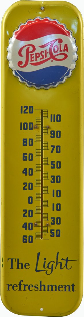 Pepsi-Cola Embossed Tin Thermometer Advertisement Sign: Pepsi-Cola Embossed Tin Thermometer Advertisement Sign "The Light Refreshment", Made In USA., RA 56 M-213 - 7" x 27"h