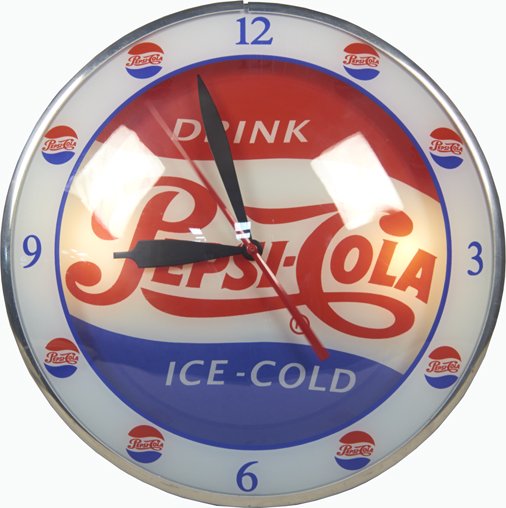 Vintage Pepsi-Cola Light-Up Glass Bubble Face Advertise: Vintage Pepsi-Cola Light-Up Glass Bubble Face Advertisement Clock "Drink Pepsi-Cola Ice-Cold" - 15"d