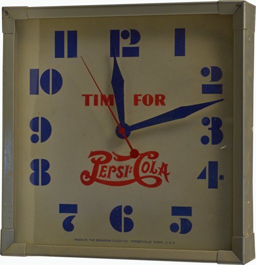 Pepsi-Cola Glass & Aluminum Advertisement Clock: Pepsi-Cola Glass & Aluminum Advertisement Clock, By Sessions Clock Co., Forestville, CONN., USA. "TIME FOR - Pepsi-Cola" - 14-1/2" x 14-1/2"h