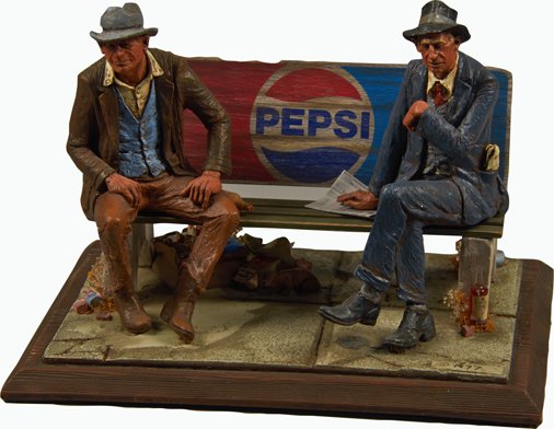 Michael Garman Pepsi-Cola 2-Men On Park Bench Figures: Michael Garman Pepsi-Cola 2-Men On Park Bench Figures In Scene Display c1977 - 15" x 11" x 11"h