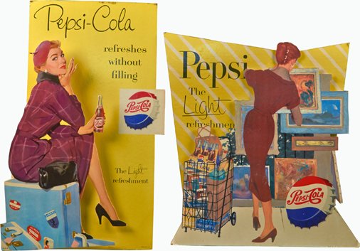 Lot of 2 - Vintage Pepsi-Cola Countertop Die-Cut Cardbo: Lot of 2 - Vintage Pepsi-Cola Countertop Die-Cut Cardboard Easel Back Advertisement Signs: 1 - "Refreshes Without Filling - The Light Refreshment" - approx. 14" x 23"h. & 1 - "The Light Refreshment" -