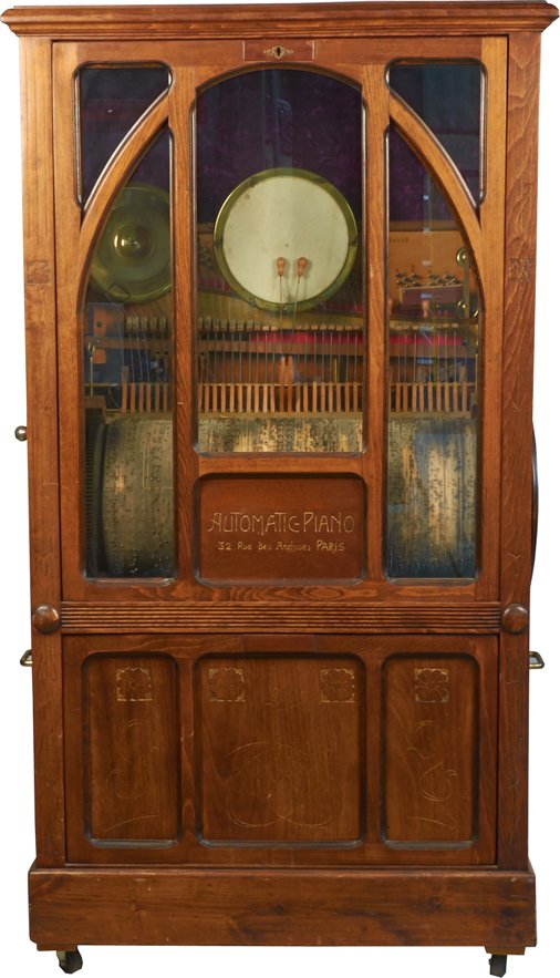 Floor Model "Automatic-Piano" Made In Paris: Floor Model "Automatic-Piano" Made In Paris, "14453" stamped on wood inside cabinet, very large wood barrel music roll w/ original music playbill card on side, looks to be in original condition