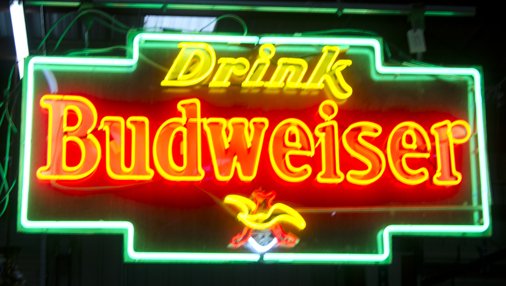 Large Drink Budweiser Beer Hanging Neon Sign: Large Drink Budweiser Beer Hanging Neon Sign w/ metal framing, Double-sided w/ neon over glass on one side & porcelain on the other - 72" x 36"