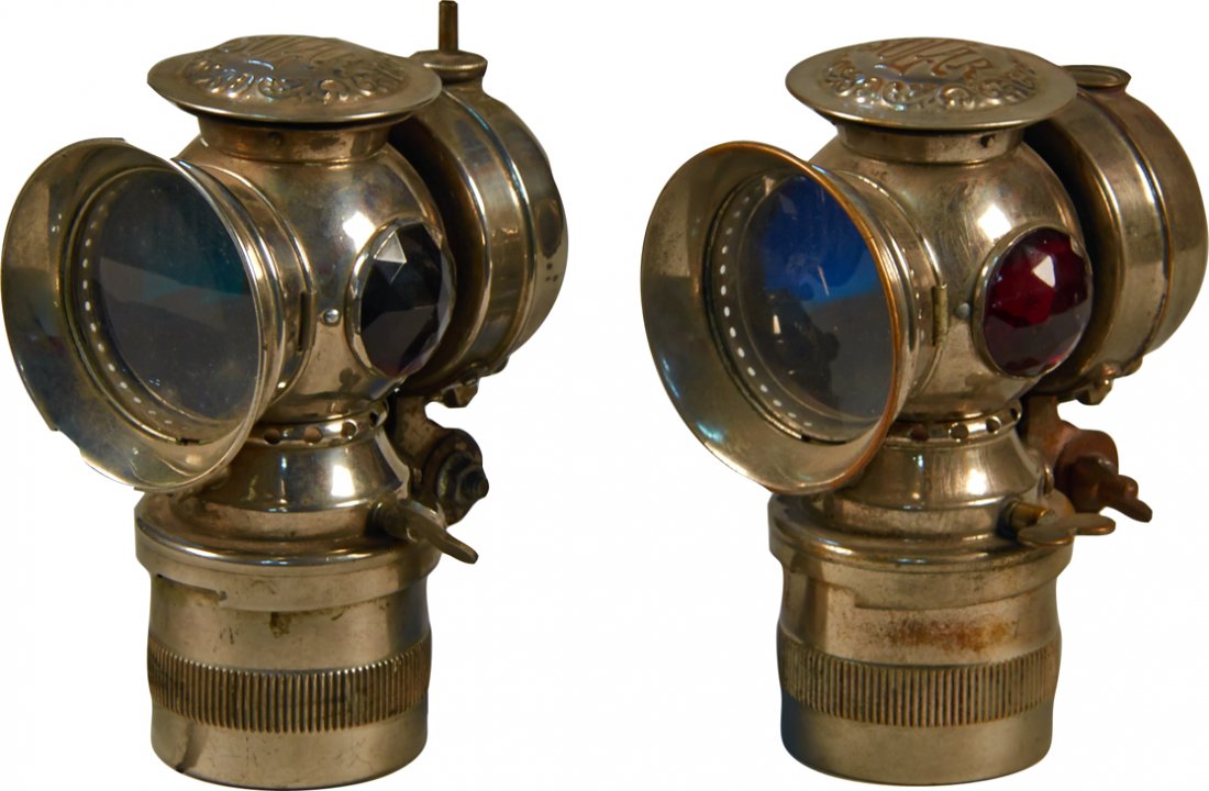 Lot Of 2 - Early "SOLAR" Model S, Nickel Plated Head-La: Lot Of 2 - Early "SOLAR" Model S, Nickel Plated Head-Lamps, by The Badger Brass MFG. Co., Kenosha, WIS., USA. w/ green & red jewel sides