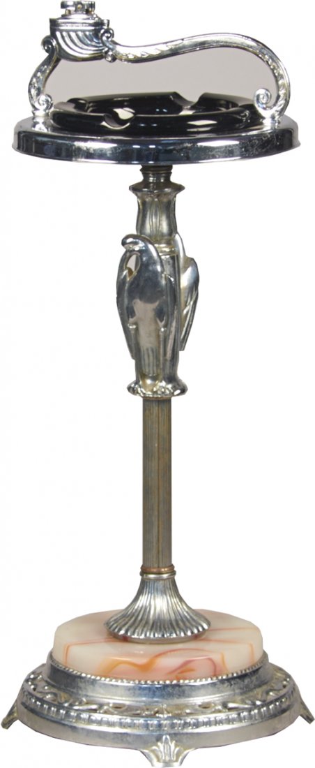 Ornate Art Deco Smoking Stand w/ Cigar Lighter: Ornate Art Deco Smoking Stand w/ Electric Mico Cigar Lighter & 3 Accessories (3.5"d round black glass ashtray & 2 marble ashtrays), Orange swirl "X" embossed marble base - 27"h